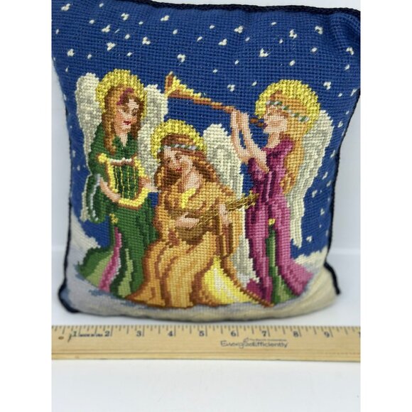 Vintage Needlepoint Velvet Pillow – Musical Angels Christmas Decor – 9.5″ × 10″ - Picture 2 of 5